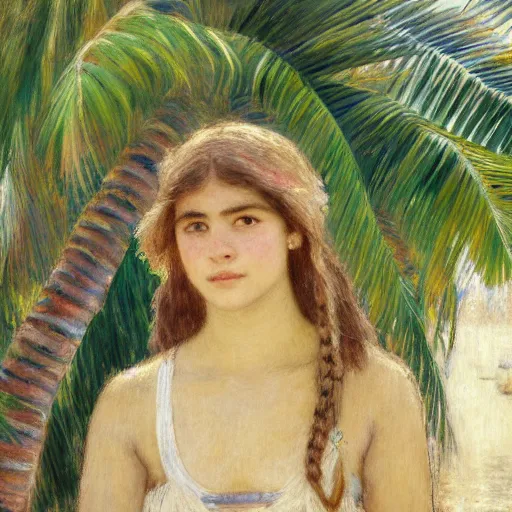 Image similar to a ultradetailed beautiful painting of a girl in the amazonas palace designed by jules bastien - lepage, hans belmer, frank weston and gustave baumann, beach, trending on artstation, mediterranean, palm trees, light sparkles, sharp focus, soft light, 8 k 4 k