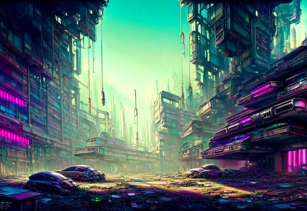 Image similar to A highly detailed crisp wide view of A beautiful futuristic cyberpunk abandoned dystopia city building with futuristic bright lights, plants allover , godray, sunlight breaking through clouds, clouds, debris on the ground, abandoned machines bright happy colors, chaotic , nitid horizon, factory by wangchen-cg, 王琛,Neil blevins, artstation, Gediminas Pranckevicius