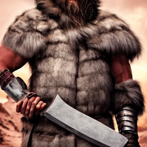 Prompt: a dnd barbarian wearing a fur coat, shoulder armor and holding an axe, high resolution film still, 4k, HDR color