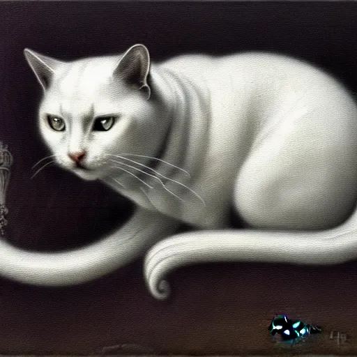 Prompt: white cat, art by hr giger, gustave dore, artstation