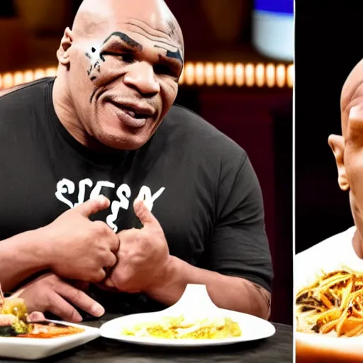 Image similar to obese crying mike tyson mukbang