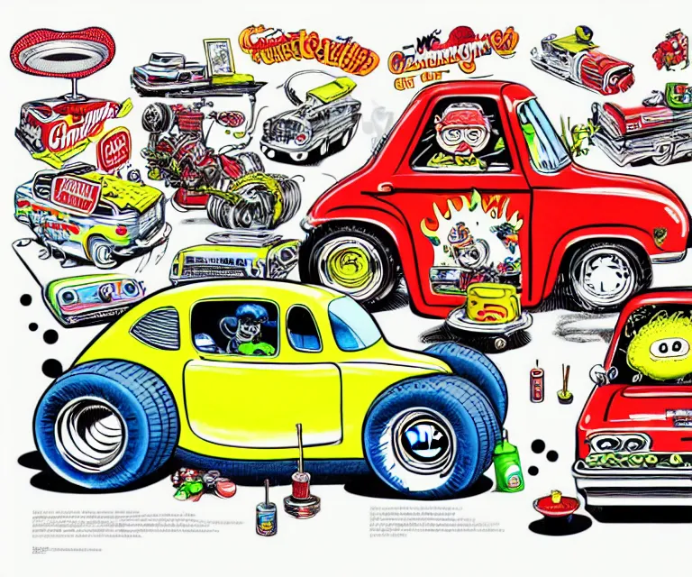 Prompt: cute and funny, hamburgerhelper glove, wearing a helmet, driving a hotrod, oversized enginee, ratfink style by ed roth, roth's drag nut fuel, centered award winning watercolor pen illustration, isometric illustration by chihiro iwasaki, the artwork of r. crumb and his cheap suit, cult - classic - comic,