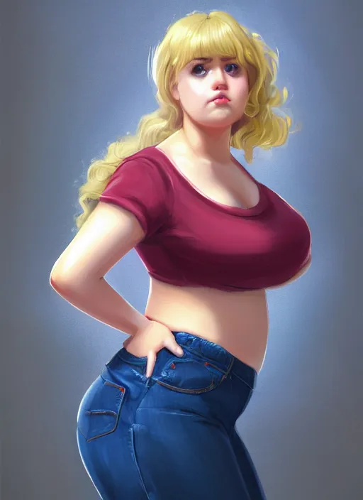 Image similar to full body teenage betty cooper, blonde hair, obese, bangs, ponytail, sultry, realistic, sultry smirk, ponytail, fluffy bangs, curly bangs, fat, belly, beautiful girl, intricate, elegant, highly detailed, digital painting, artstation, concept art, smooth, sharp focus, illustration, art by wlop, mars ravelo and greg rutkowski