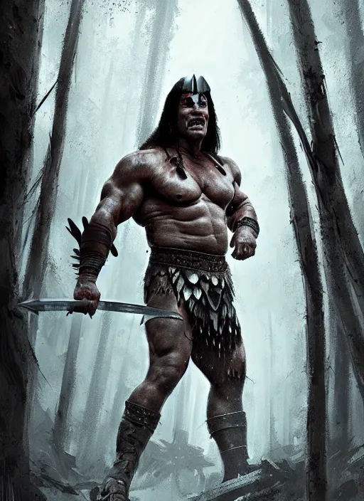 Image similar to schwarzenegger as conan the barbarian, grey forest background, by ismail inceoglu