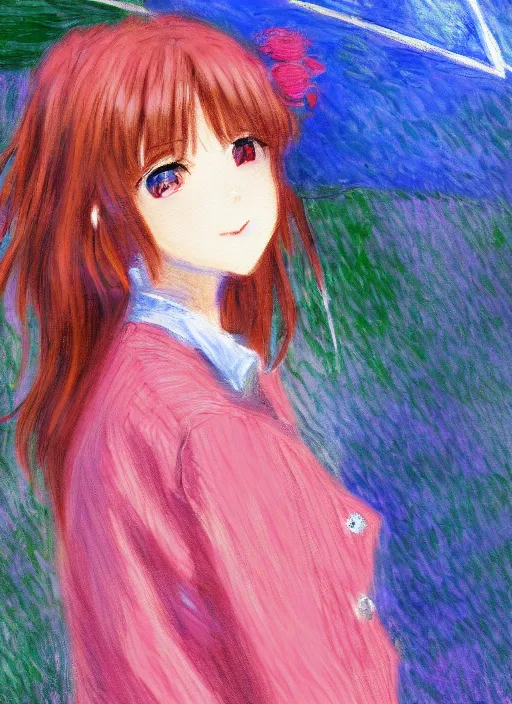 Image similar to a girl wearing thrifty clothing, very anime, trending artwork, 4 k, anime painter studio, an impressionist style by claude monet