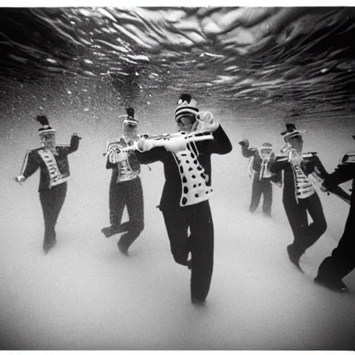 Image similar to Underwater photo of a marching band by Trent Parke, clean, detailed, Magnum photos