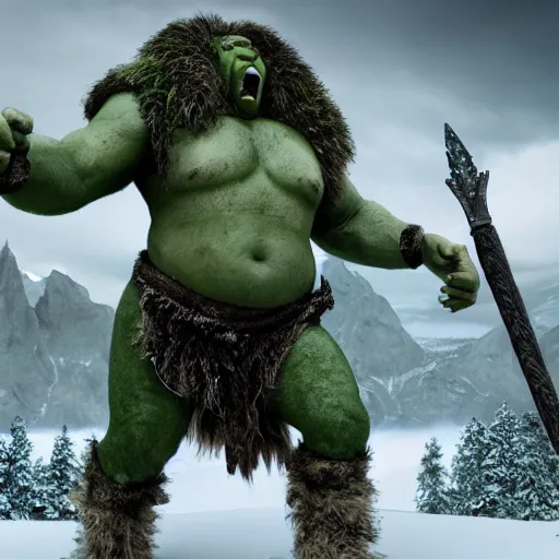 Prompt: still from a movie with cutting edge practical effects, giant humanoid troll with light green skin and big nose, burly, wearing long fur toga and holding sword, highly textured, fantasy, D&D, HDR, dramatic light, in alpine setting with mastadons in the background, wide angle shot, shallow depth of field, dynamic pose, award winning photograph!