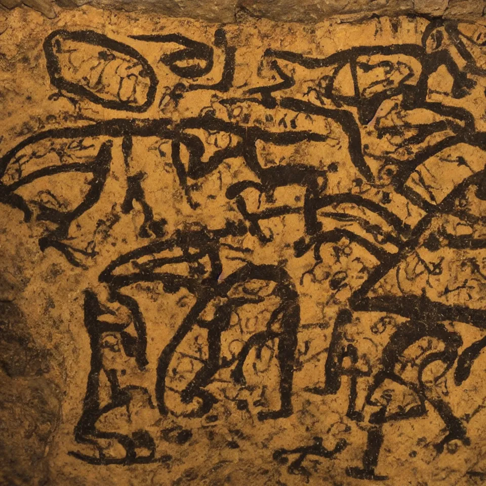 Image similar to a cave painting of an akai mpc 6 0, drum pads, maschine. lascaux cave paintings, chauvet