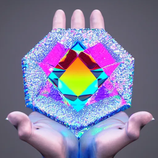 Image similar to a person holding a colorful object in their hand, a hologram by jeka kemp, polycount, crystal cubism, made of crystals, irridescent, holographic