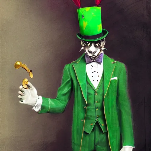 Image similar to hyper realistic, beautifully rendered, dapper fancy luigi wearing a green top hat, green suit and bowtie, smirking deviously, painted by greg rutkowski, wlop, artgerm, dishonored 2