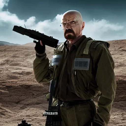 Prompt: Walter White wearing heavy modern military gear and holding a bulletproof shield, highly detailed, 8k octane render