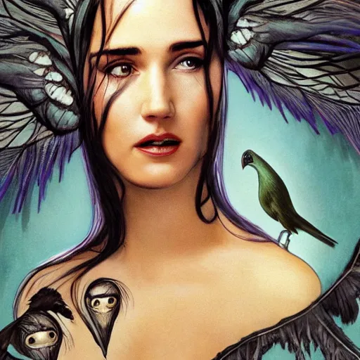 Prompt: young innocent jennifer connelly as youthful alien bird - woman, dark fae, modestly dressed, reading in library, gray skin, huge wings, black feathers instead of hair, black feathers growing out of skin, bumpy skin, black feathers growing out of face, black hands with black claws, comic book, ink, mucha, trending on artstation