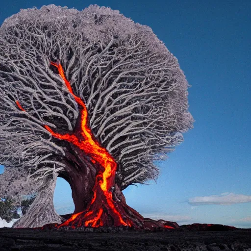 Prompt: giant tree of life being consumed by ice lava