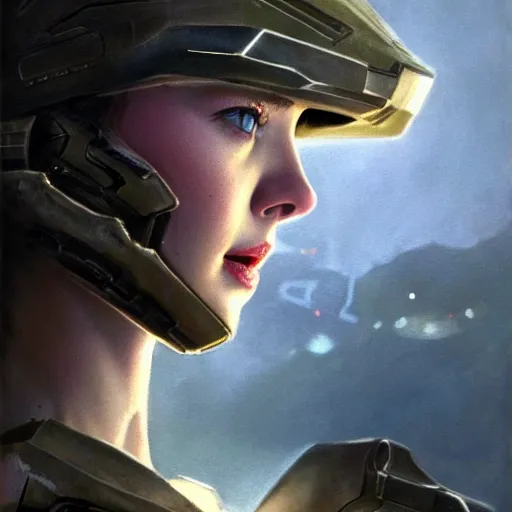 Image similar to ultra realistic painting of elle fanning in halo 2, art by frank frazetta, 4 k, ultra realistic, highly detailed, epic lighting