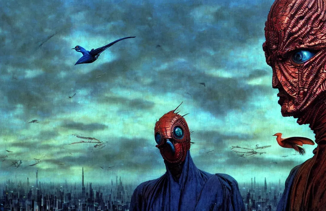 Image similar to realistic detailed portrait movie shot of a birdman wearing dark ragged robes, futuristic city sunset landscape background by denis villeneuve, amano, yves tanguy, alphonse mucha, ernst haeckel, max ernst, roger dean, ridley scott, dynamic closeup composition, rich moody colours, blue eyes, man with a giant birdhead