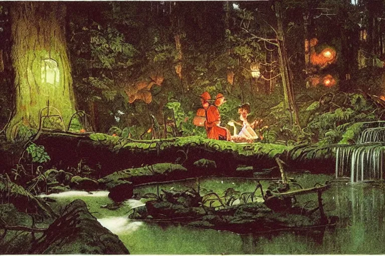 Prompt: a scenic view of a phatom flowing in the middle of a magical forest at night, detailed, cinematic, dramatic scene, retro illustration by Norman Rockwell.