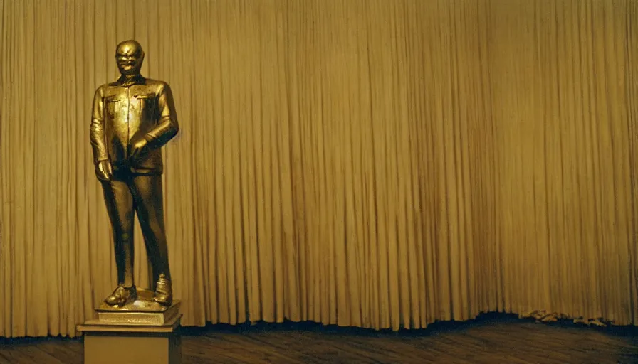 Prompt: movie still by tarkovsky portrait of a gold statue of lenin in an empty ballroom, cinestill 8 0 0 t 3 5 mm, heavy grain, high quality, high detail