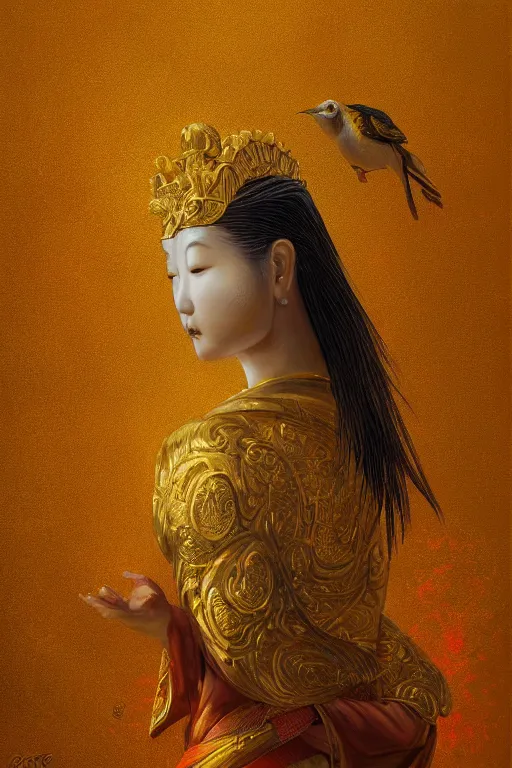 Prompt: oil painting, ancient chinese goddess, golden sun bird, sunlit, paint texture, digital painting, highly detailed, artstation, sharp focus, illustration, concept art