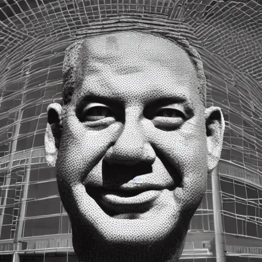 Image similar to a giant benjamin netanyahu head sculpture in the sea made out of thousands of small hamburgers, long shot, hyper detailed, hyper realistic, ray tracing, 8 k resolution, sharp focus, realistic water, award winning