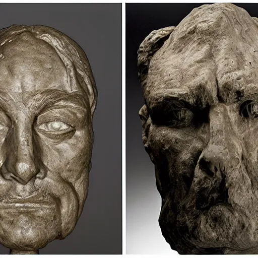 Image similar to a physical sculpture of a struggling human face, one with a horse's face and the other with a human face, by augustus rodin