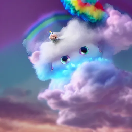 Image similar to cutest tiny fantasy cloud animal, with sprouting rainbow hair, hd, japanese anime artist drawn, dlsr, dream animal cute eyes, trending on artstation, cotton candy, octane render, cinematic