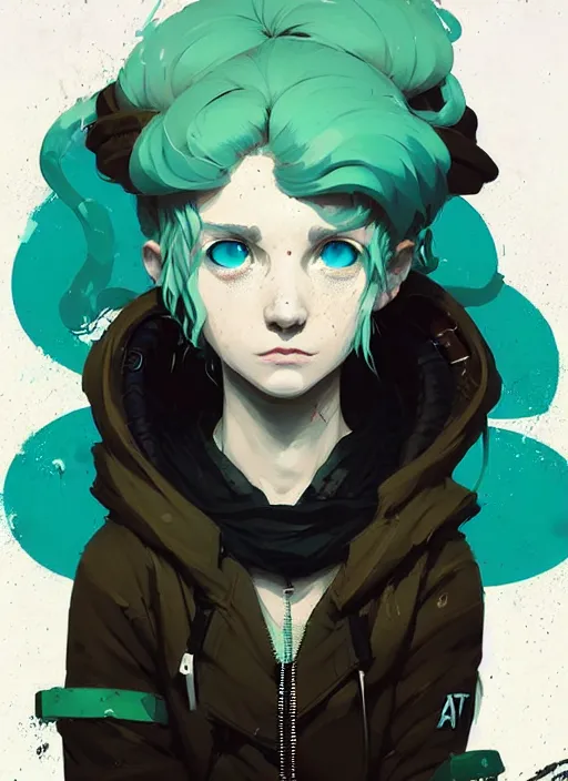 Image similar to highly detailed portrait of a sewer punk lady student, blue eyes, hoodie, cloudy curly white hair by atey ghailan, by greg rutkowski, by greg tocchini, by james gilleard, by joe fenton, by kaethe butcher, gradient green, black, brown and cyan color scheme, grunge aesthetic!!! ( ( graffiti tag wall background ) )