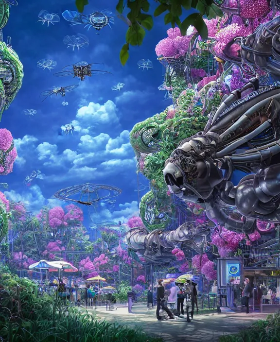 Image similar to an amusement park made out of alien isopod dragonflies, in the style of an seamless robot, overgrown with puffy orchids, partly cloudy, somber, dramatic lighting, by dan mumford, yusuke murata, makoto shinkai, ross tran, cinematic, unreal engine, cel shaded, featured on artstation, pixiv