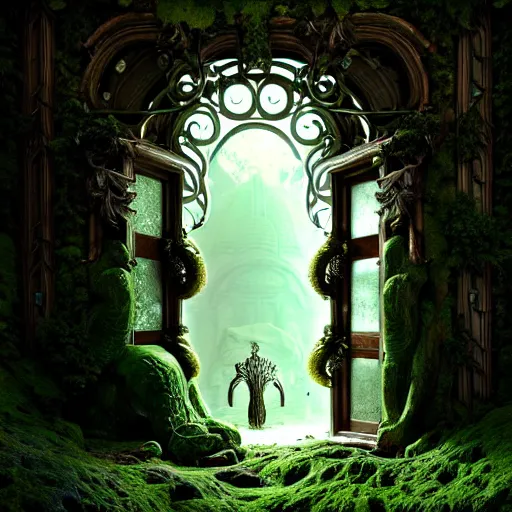 Image similar to doorway to an ancient fallen god, lush trunda vegetation, snow :: by Michal Karcz, Daniel Merriam, Victo Ngai and Guillermo del toro :: ornate, dynamic, particulate, intricate, elegant, highly detailed, centered, artstation, smooth, sharp focus, octane render, 3d