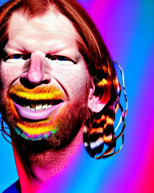 Prompt: colourful detailed fashion photograph of aphex twin by julia hetta and robert h hudson, 4 k