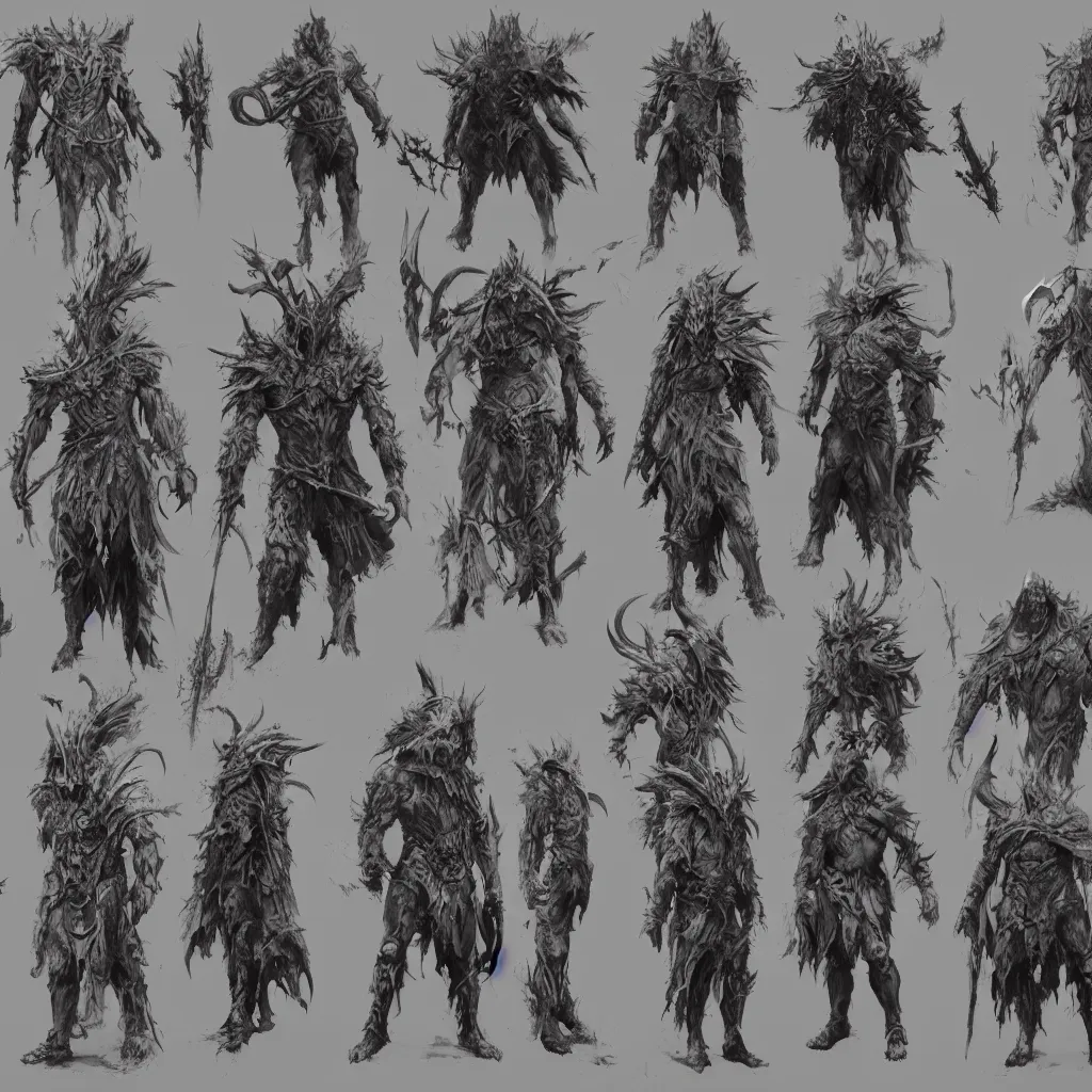 Prompt: feral chieftain charector concept sheet, beksinski, ruan jia, the hobbit orc concept, dark soul concept