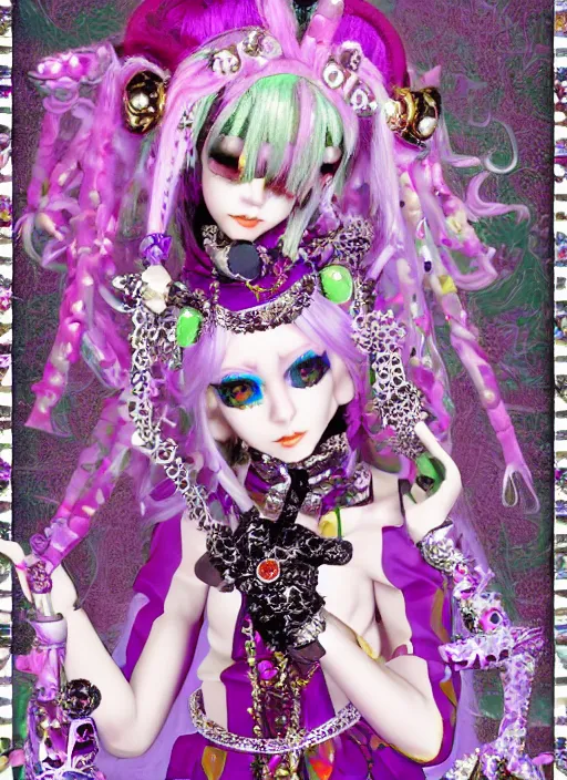 Image similar to baroque bedazzled gothic royalty frames surrounding a pixelsort emo demonic horrorcore japanese jester decora doll of giorno giovanna, low quality sharpened graphics, remastered chromatic aberration