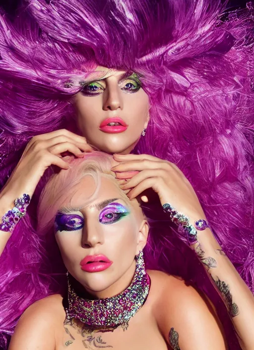 Image similar to lady gaga photoshoot by david lachapelle, high fashion, colourful set, studio lighting Highly realistic. High resolution. Highly detailed. Dramatic. 8k.4k.