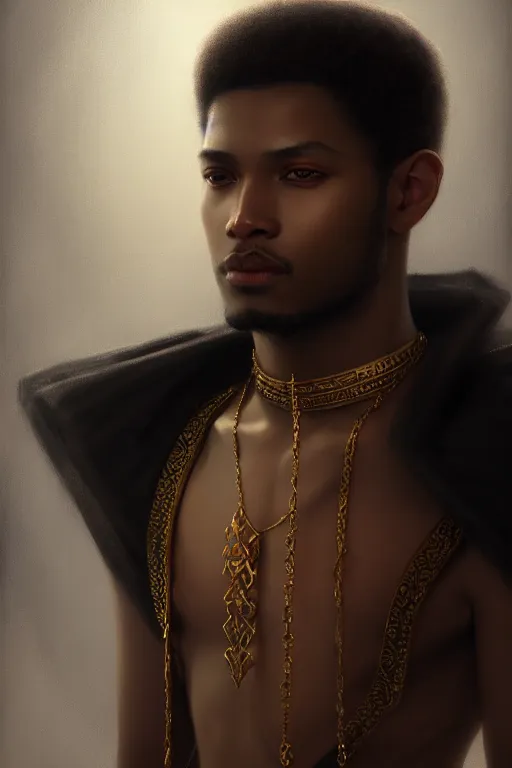 Prompt: a portrait of a black male prince, white cape, illustration, soft lighting, soft details, dark mood, painting oil on canvas by Edmund Blair Leighton and Charlie Bowater octane render trending on artstation d&d characters, 4k, 8k, HD