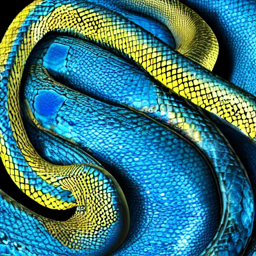 Image similar to shiny blue and yellow python snake, high detail, fantasy art, concept art, 4 k, ultra detail, computer art