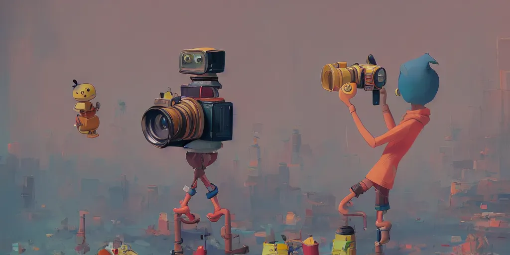 Prompt: Cartoon character photographer taking pictures with old camera by Goro Fujita and Simon Stalenhag, 8k, trending on artstation, hyper detailed, cinematic