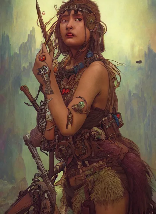 Prompt: hyper realistic photography portrait of postapocalyptic medieval religious occult asian tribal amazon cinematic, brom, mucha, moebius juan gimenez artstation, cgsociety