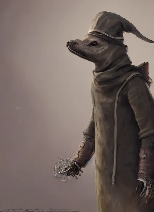 Image similar to detailed full body concept art illustration, dark soft focus, oil painting on canvas of an anthropomorphic capybara plague doctor in full intricate clothing, biomutant, dystopian, micro detail, octane render, 4K