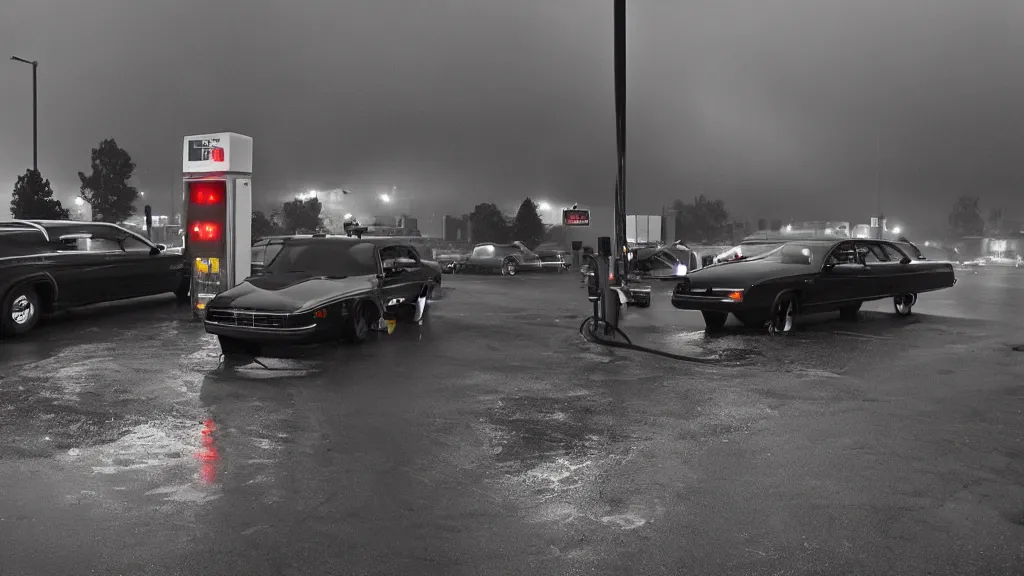 Image similar to late night at a gas station, rain pouring down, a man stands outside pumping gas into his car, a hearse is next to his car, he glances over and sees bright red eyes glaring from the driver ’ s seat