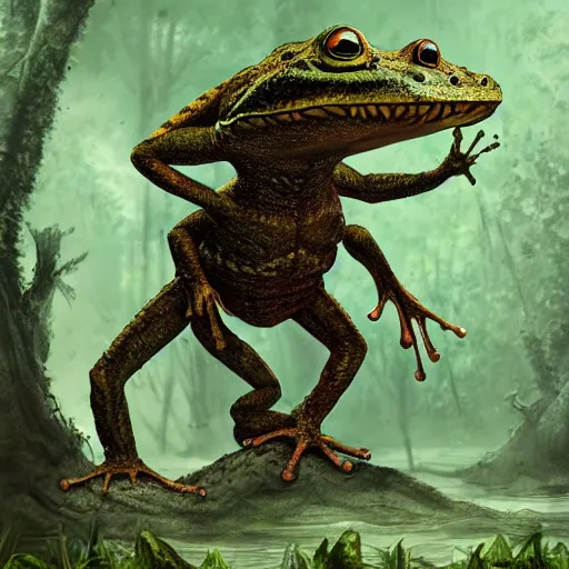 Image similar to an amphibian goblin in a swamp, digital art, matte painting, fantasy art, 8 k, trending on artstation, ultra detailed