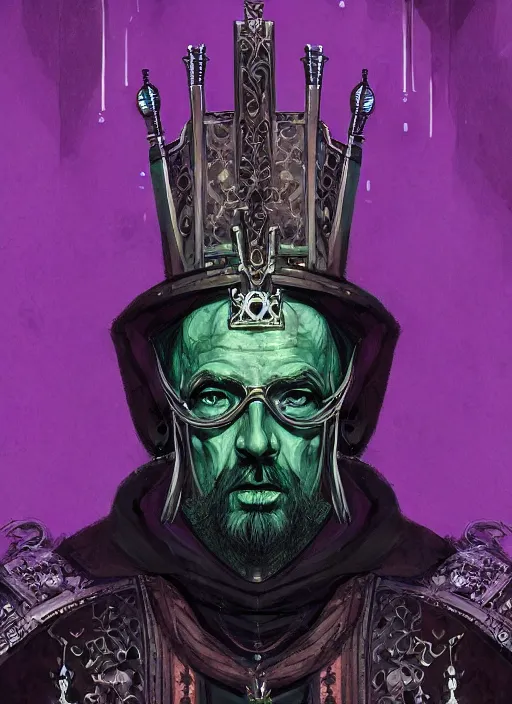 Prompt: a full length portrait of an old medieval king on the cyberpunk throne, green eyes, dark purple color scheme, grim - lighting, high - contrast, intricate, elegant, highly detailed, digital painting, artstation, concept art, smooth, sharp focus, illustration