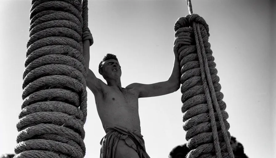 Image similar to 1 9 6 0 s movie still close - up of marcus atilius regulus'face tied with ropes at a pole with wide - open eyes looking directly at the burning sun, his eyes are bleeding intense, cinestill 8 0 0 t 3 5 mm b & w, high quality, heavy grain, high detail, texture, dramatic light