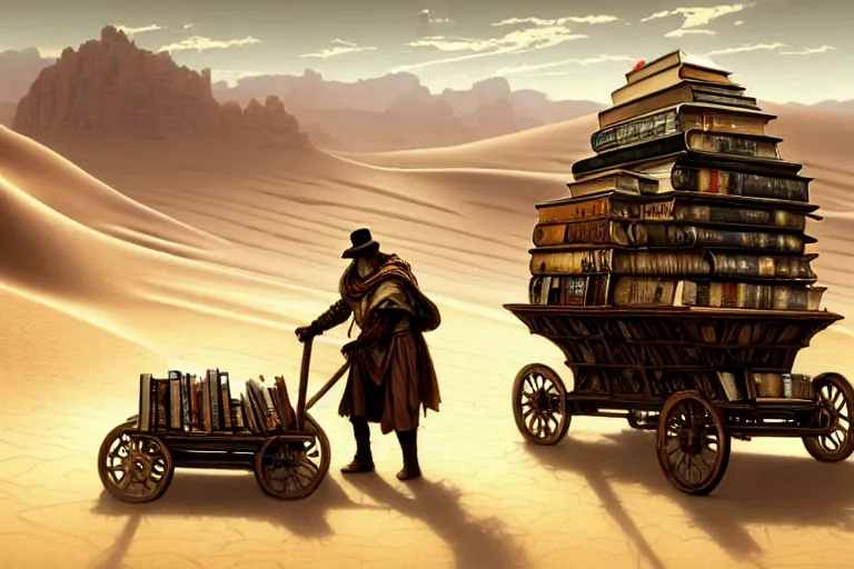 Image similar to a man pulling a cart full of books through the desert, fantasy, sci-fi, intricate, elegant, dramatic lighting, highly detailed, lifelike, photorealistic, digital painting, artstation, concept art, smooth, sharp focus, illustration, art by John Blanche and Paul Dainton and Albert Aublet and Artem Demura and Alphonse Mucha