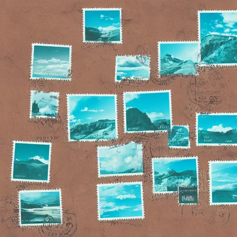 Image similar to stamps of a turquoise canyon, film, soft lighting, album art