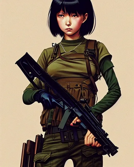 Image similar to girl holding a rifle | | very very anime!!!, fine - face, audrey plaza, realistic shaded perfect face, fine details. anime. realistic shaded lighting poster by ilya kuvshinov katsuhiro otomo ghost - in - the - shell, magali villeneuve, artgerm, jeremy lipkin and michael garmash and rob rey