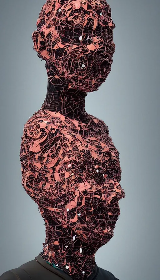 Image similar to a one woman with a futuristic mask on her face, a surrealist sculpture by alexander mcqueen, trending on pinterest, plasticien, biomorphic, made of plastic, a computer rendering by bedwyr williams, featured on zbrush central, holography, multiple exposure, glitch art, glitchy