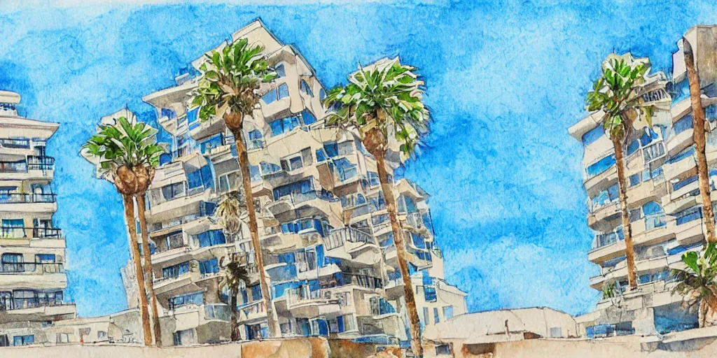 Prompt: tel aviv shoreline. bauhaus style. buildings with balconies. highly detailed. pen drawing painted with watercolors. colorful. low buildings. palm trees. blue skies