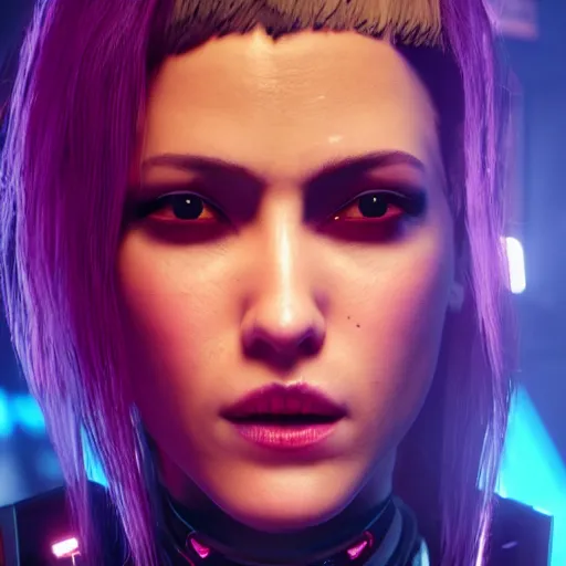 Image similar to female V from Cyberpunk 2077 wearing spiked steel choker, steel collar, steel choker, punk, steel collar, 4K, realistic, spiked collar, portrait, art, beautiful,