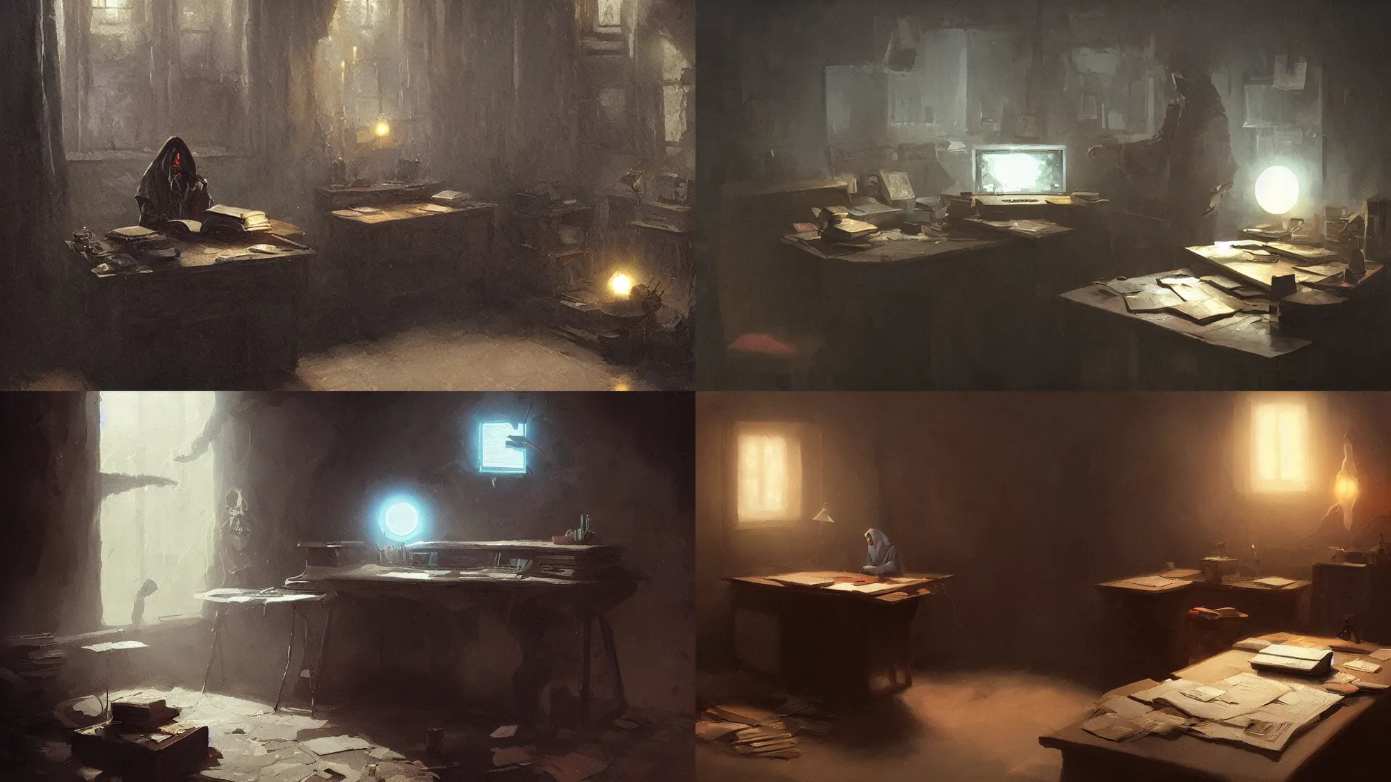 Prompt: wizard, radio box, desk in a dark room, Greg Rutkowski