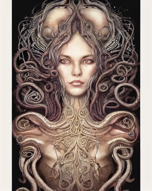 Image similar to centered beautiful detailed front view portrait of a woman with ornate tentacles growing around, ornamentation, flowers, elegant, beautifully soft lit, full frame, by wayne barlowe, peter mohrbacher, kelly mckernan, h r giger