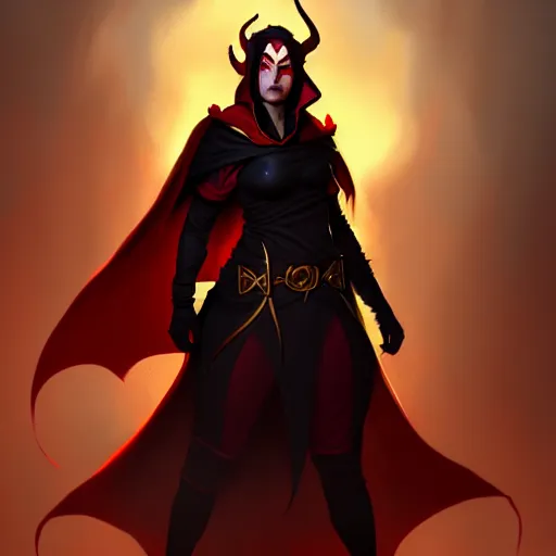 Prompt: A female tiefling with red skin, gold eyes, wearing a black cloak, style of Greg Rutkowski, Andreas Rocha, dungeons and dragons character art, artstation